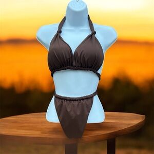Women's Two-Piece Halter Bikini Swimsuit – Brown – Size XL – Sexy Bandage Style